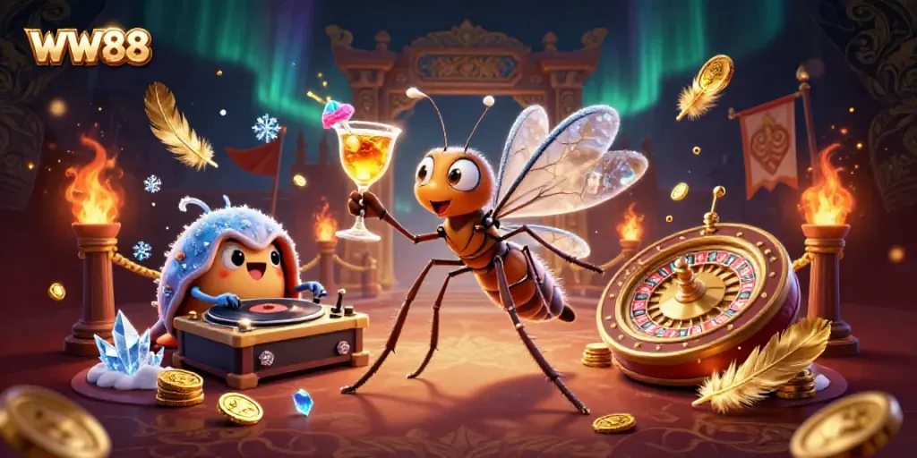 WW88 casino illustration of a mosquito mascot holding a cocktail, a trilobite DJ, and a roulette wheel.