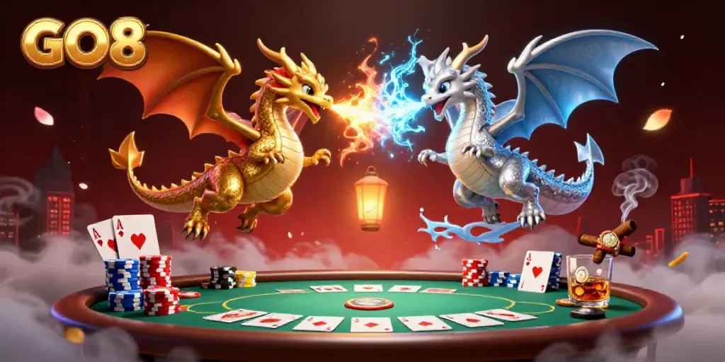Engage with GO8 in an epic duel featuring dragons and poker elements amidst a mystical backdrop.