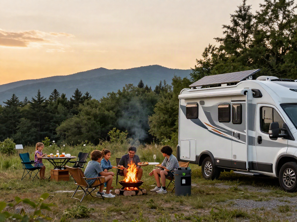 Family enjoying RV camping powered by a lithium battery for RV, with a beautiful sunset backdrop.
