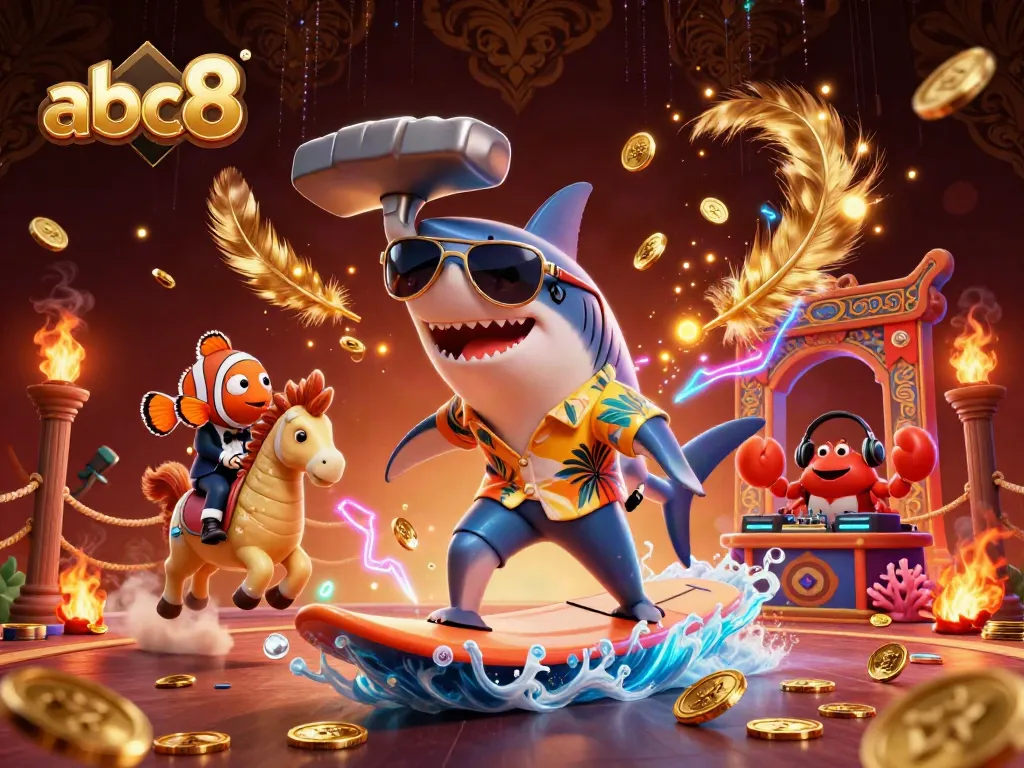 Experience thrilling winnings with abc8's vibrant 3D casino scene featuring dynamic characters and gaming symbols.