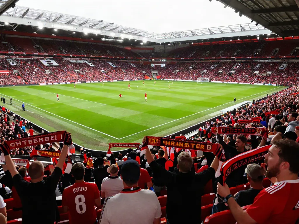 Excited fans showcasing สถิติแมนยู พบ ลิเวอร์พูล rivalry in a packed stadium.