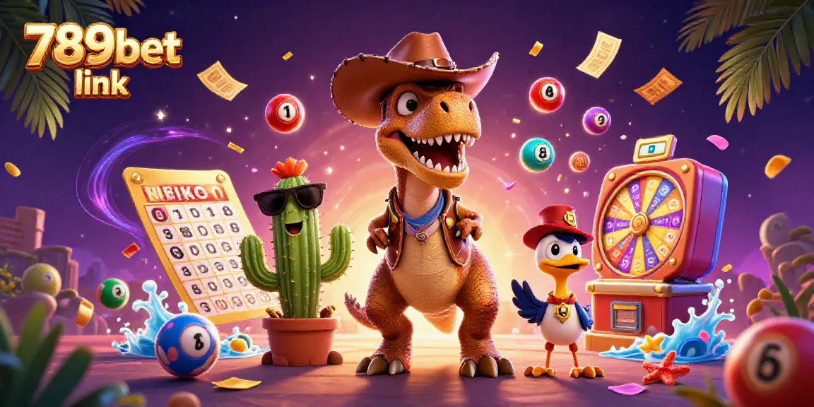 Experience the excitement at 789bet link with a dynamic 3D dinosaur scene filled with lottery elements and vibrant graphics.