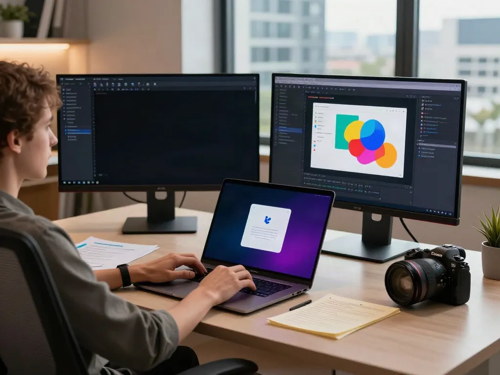 Using brave浏览器 on a laptop in a modern office workspace with a vibrant interface.