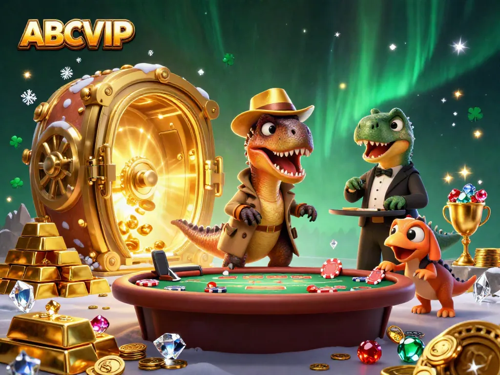Velociraptor card counter at ABCVIP blackjack table, with gold treasures and gems, in a vibrant casino scene.