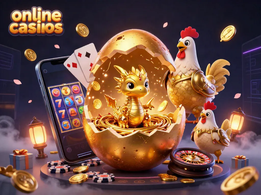 Engage with online casinos featuring a golden dragon guarding poker chips amidst vibrant games.