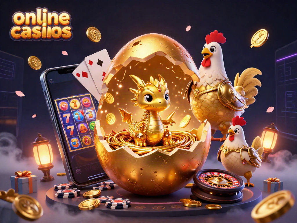 Engage with online casinos featuring a golden dragon guarding poker chips amidst vibrant games.