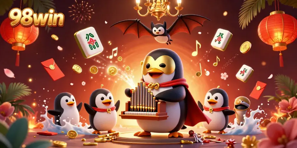 Experience the excitement of 98win with a whimsical 3D casino illustration featuring lively characters and game elements.