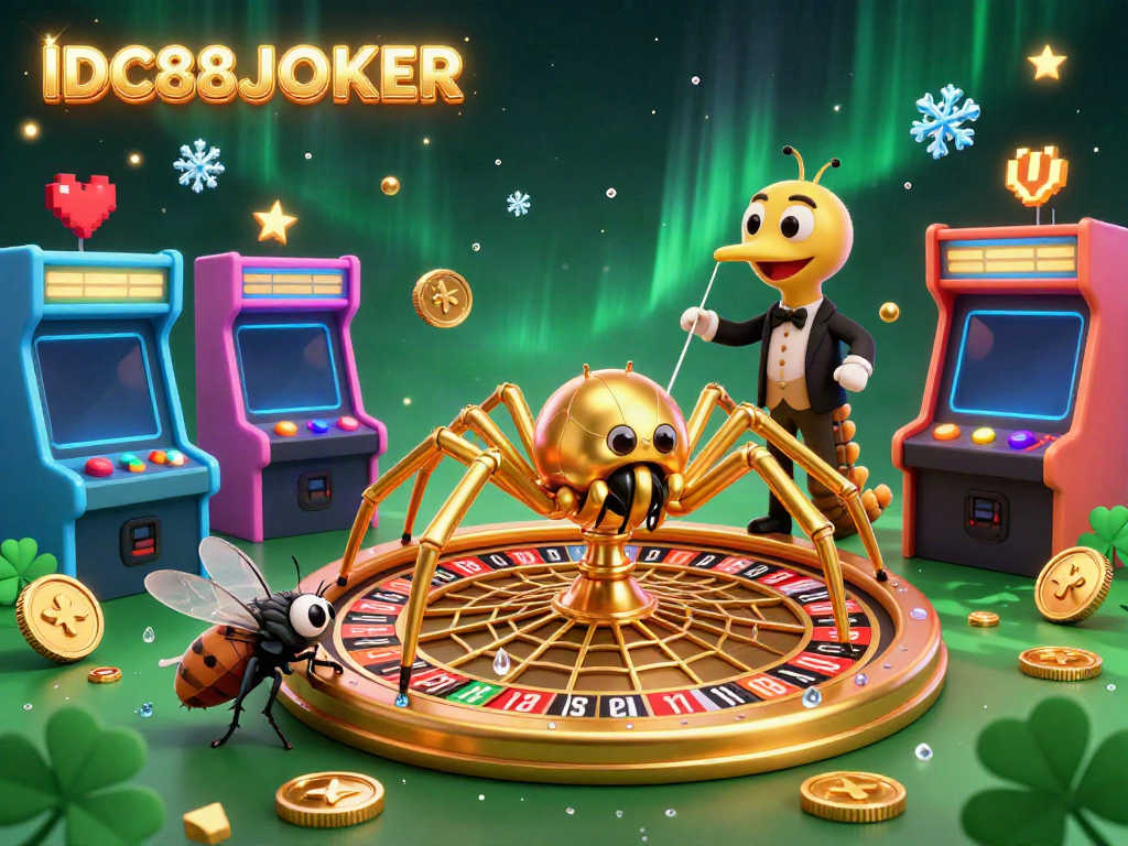 Engage with IDC88JOKER as a golden spider spins a roulette wheel while colorful game elements burst around.
