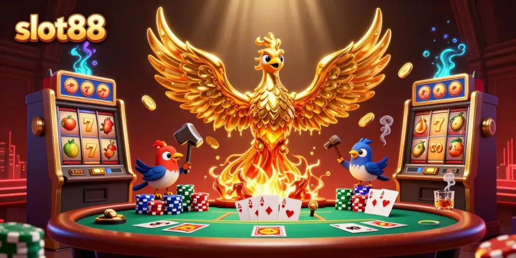 Experience thrilling slot88 action with our golden phoenix and vibrant casino scene.