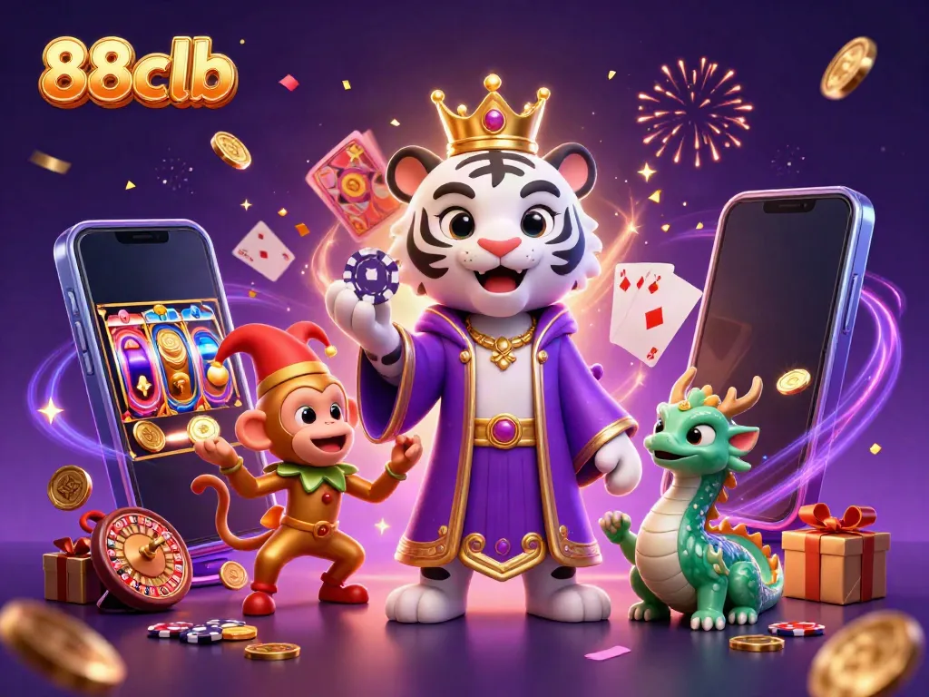 Engage with 88clb's exciting casino experience featuring a majestic white tiger and a playful monkey amidst a vibrant gambling scene.