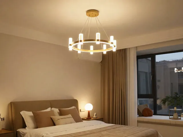 Lustre dormitor moderne instalate în interiorul unei camere, oferind un ambient cald și elegant