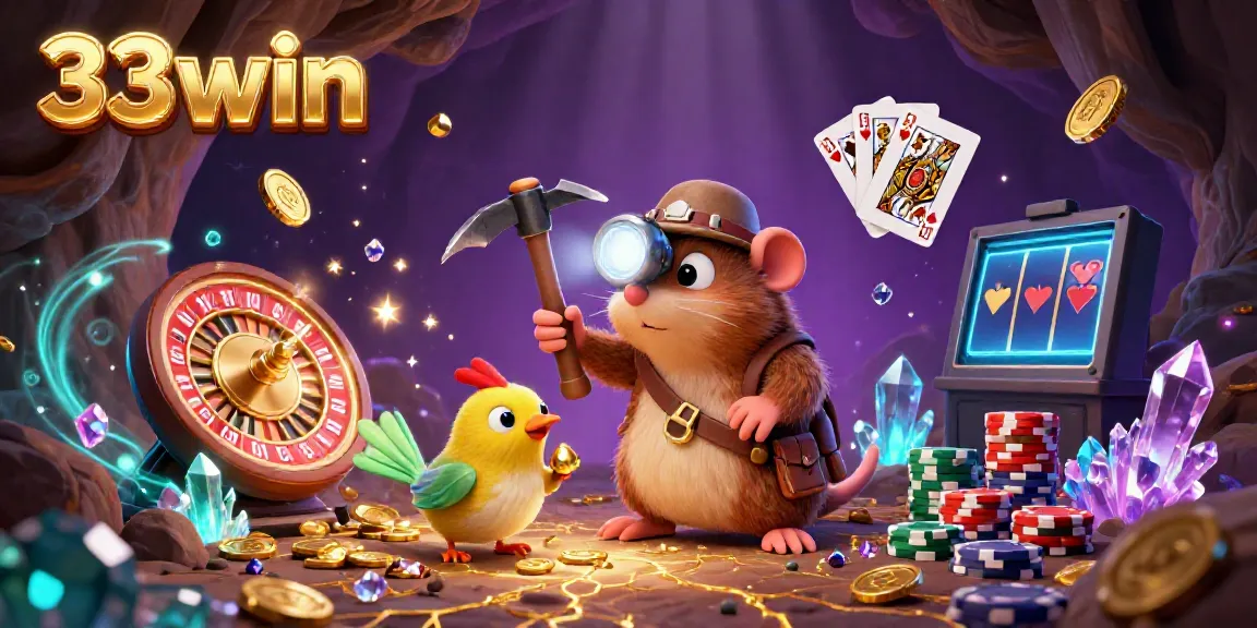 Experience thrilling wins with 33win in a dazzling treasure cave filled with golden coins and spinning roulette wheels.