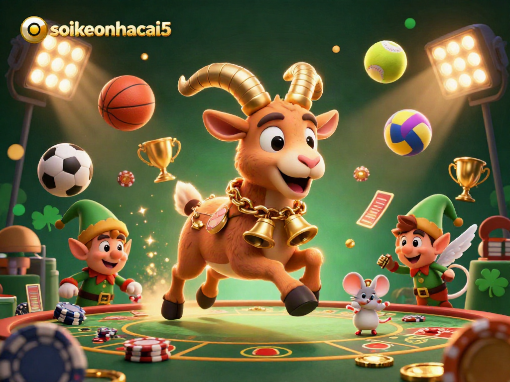 soikeonhacai5 animation depicting a Krampus goat managing a festive casino while gremlins steal poker chips amidst sports balls.