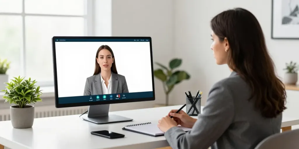 Deepfake protected Online Video Calls, Meetings and Conferencing depicted with a professional woman in a secure video call setup.