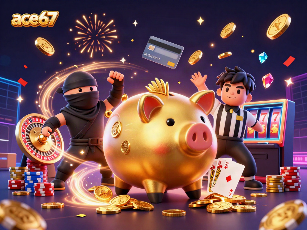 Experience ace67 with an epic showdown between a golden piggy bank and ninja characters in a casino setting.