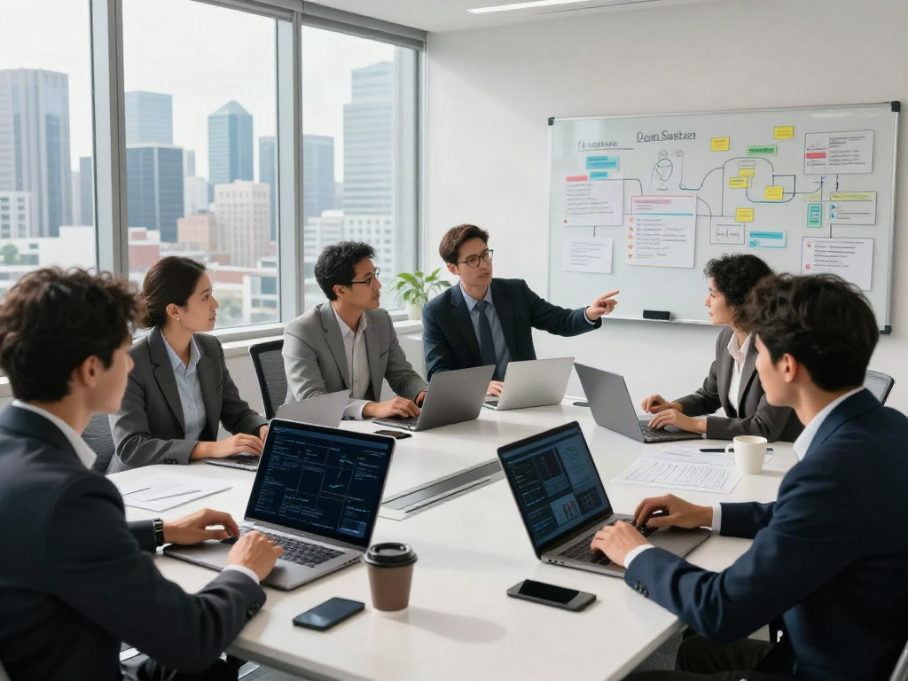 Business team strategizing in a modern office, focused on data analysis and collaboration. Go now for effective teamwork.