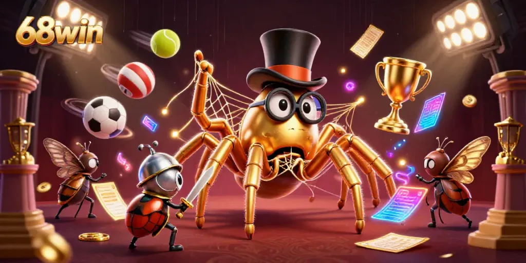Experience thrilling gameplay at 68win, where a golden tarantula weaves a web of excitement in this vibrant casino scene.
