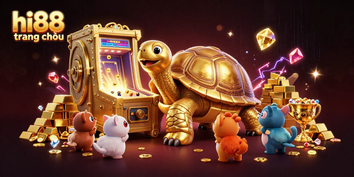 Trải nghiệm hi88 trang chủ với rùa vàng khổng lồ trong bối cảnh casino rực rỡ.