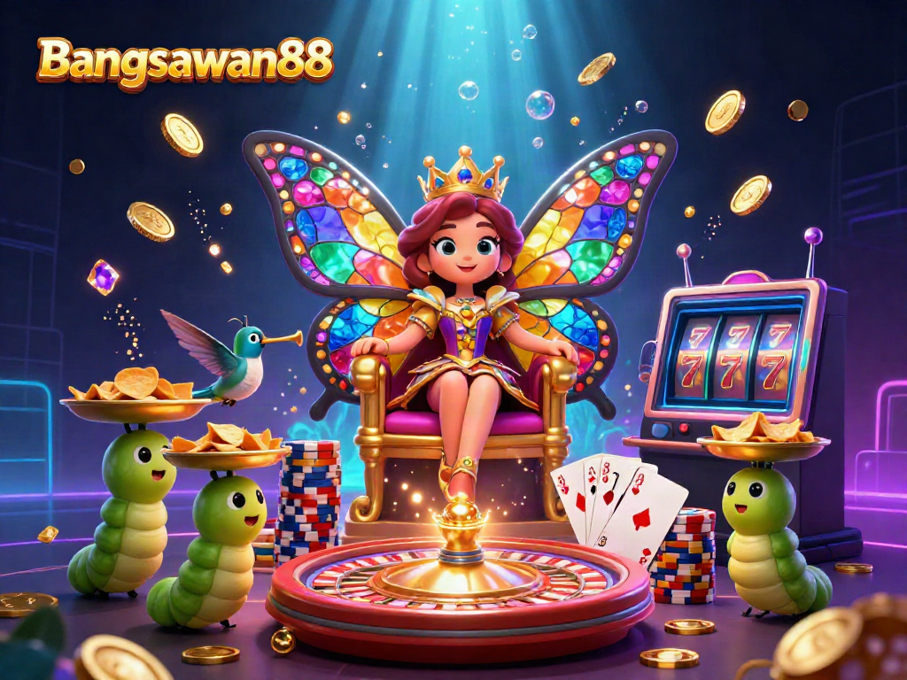 Bangsawan88 offers a visual feast with a butterfly queen and lively casino elements showcasing winning opportunities.