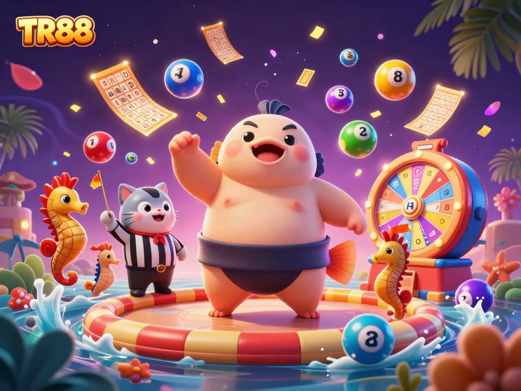 Experience TR88 with a vibrant underwater casino scene featuring a fugu in a wrestling belt and lively games.