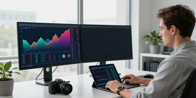 Trader using MetaTrader 5 on dual monitors in a modern workspace.