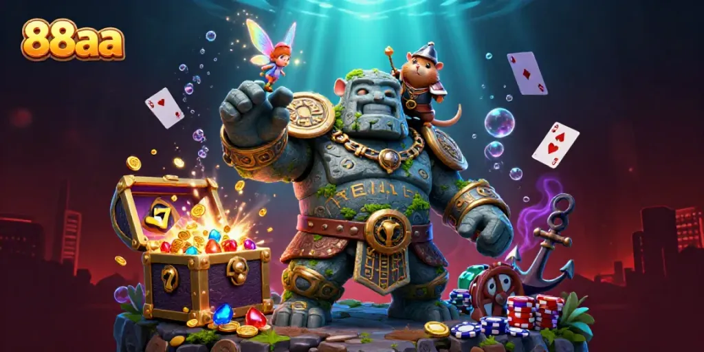 Engage with the exciting atmosphere of 88aa using a 3D illustration featuring a golem guardian and magical fairy.