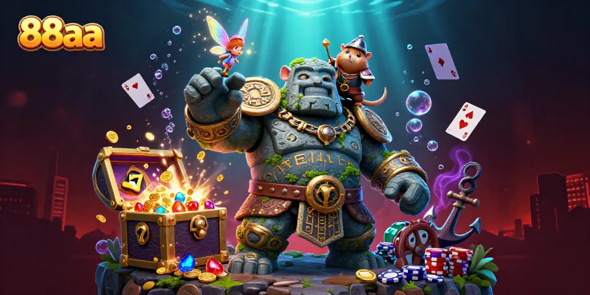 Engage with the exciting atmosphere of 88aa using a 3D illustration featuring a golem guardian and magical fairy.