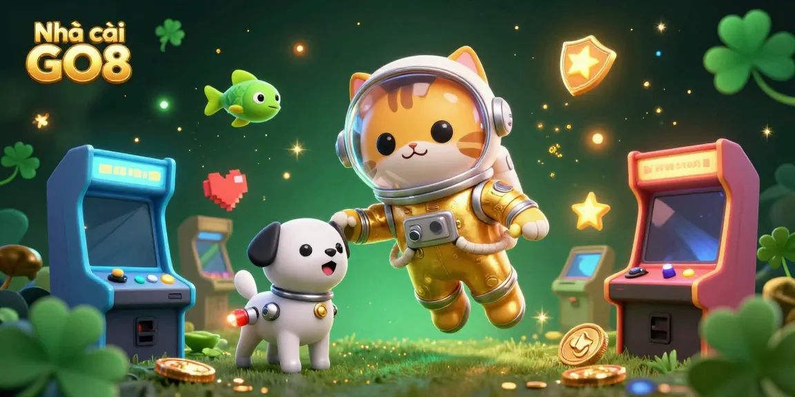 Engaging illustration of Nhà cái GO8 featuring a cartoon astronaut cat, robot dog, and arcade game elements in a vibrant casino-themed scene.
