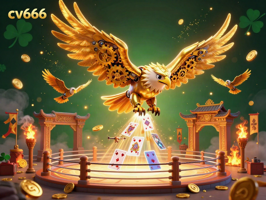 Experience thrilling gameplay with cv666's vibrant 3D illustration, featuring a cybernetic eagle amidst cascading holographic cards.