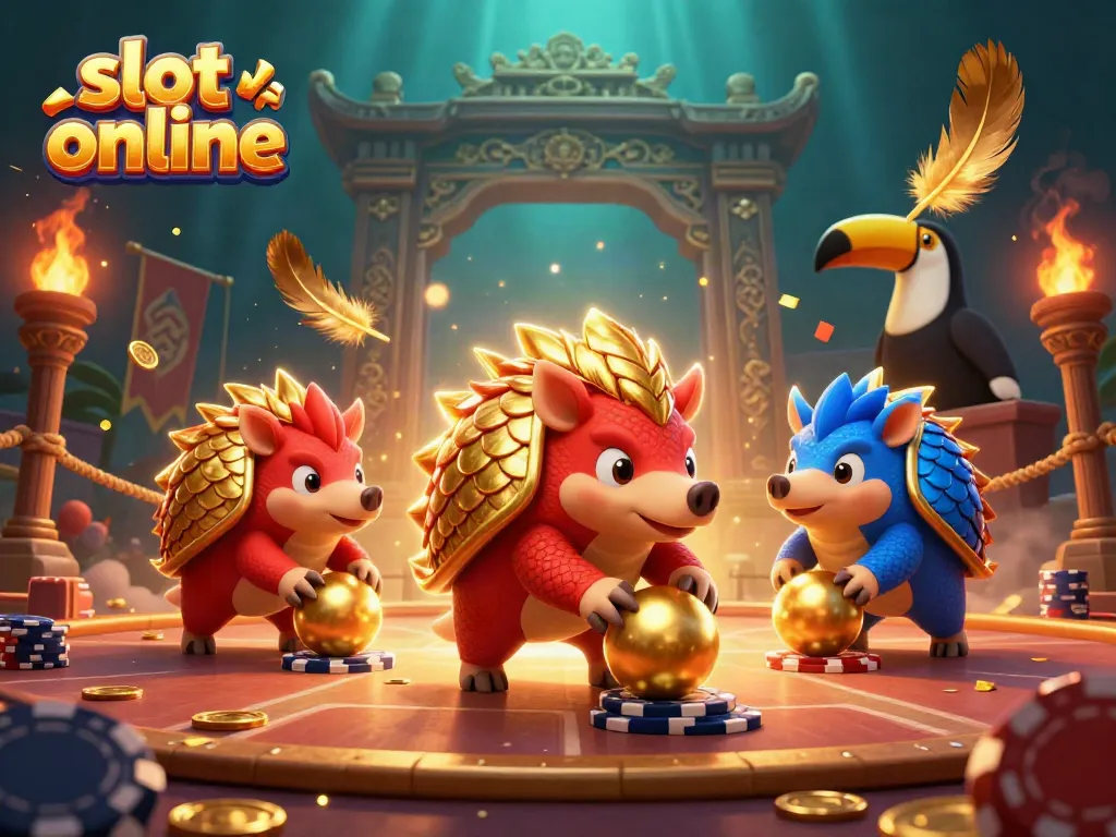 Engage in slot online adventures with rival pangolins in a vibrant casino scene.