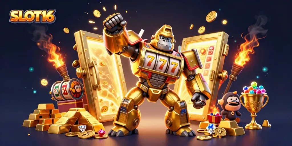 Engage with SLOT16's dynamic gaming environment featuring a golden gorilla mech amidst jackpot treasures.