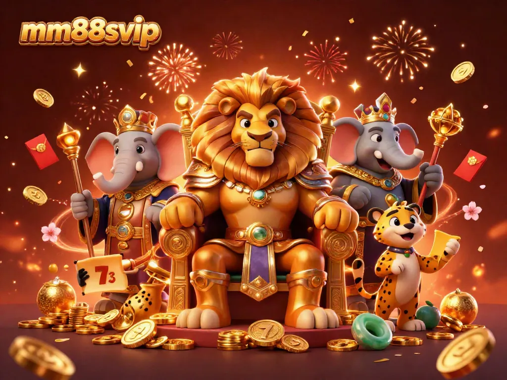 Experience the vibrant mm88svip casino world with an animated scene of a lion king, elephant advisor, and cheetah messenger.