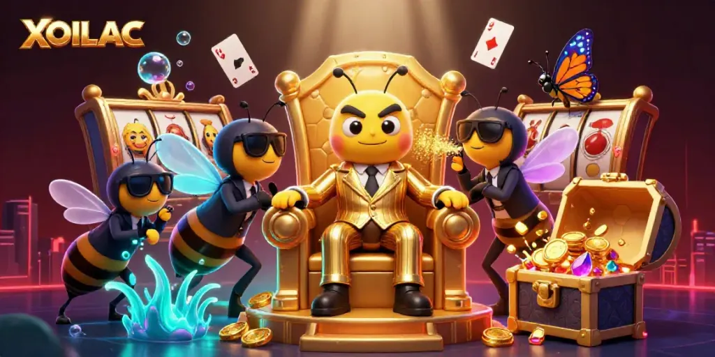 Witness the XOILAC mob boss strategizing with his wasp guards in a vibrant casino scene, full of riches.
