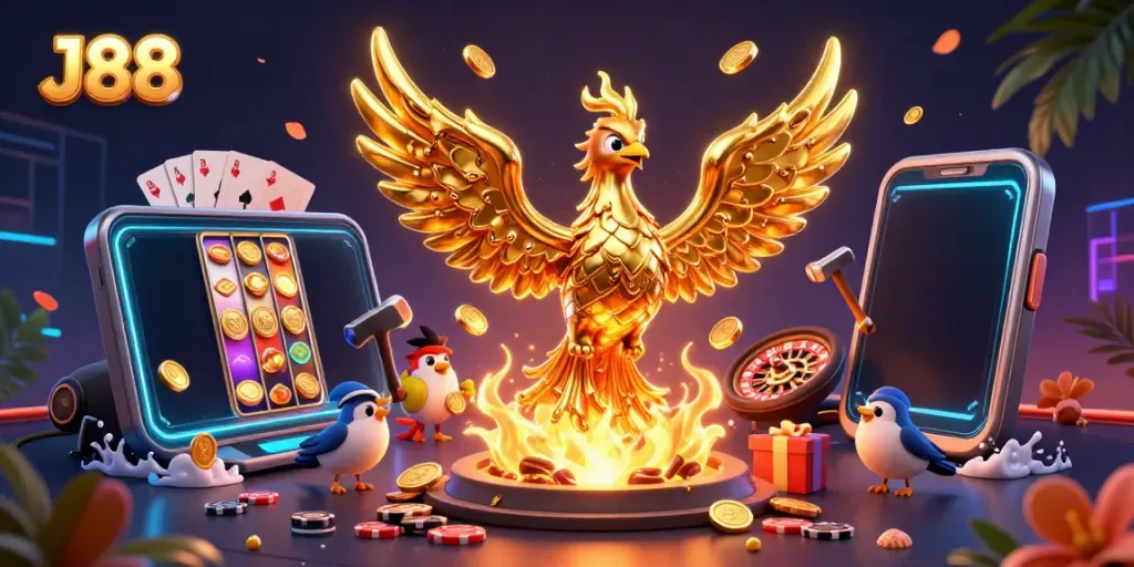 Engage with the dynamic J88 golden phoenix illustration, symbolizing casino excitement and winning potential.