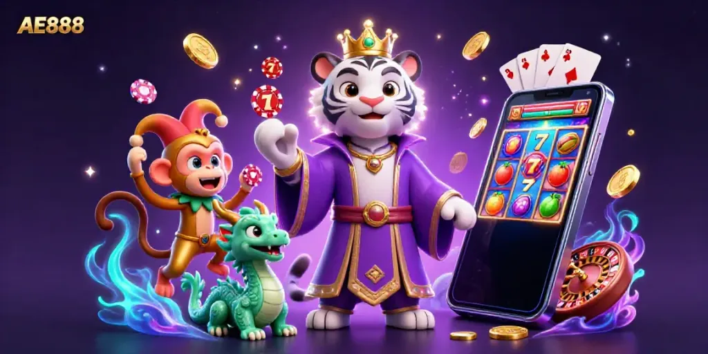 Experience the vibrant energy of AE888 with a dynamic casino illustration featuring a royal tiger and playful monkey.