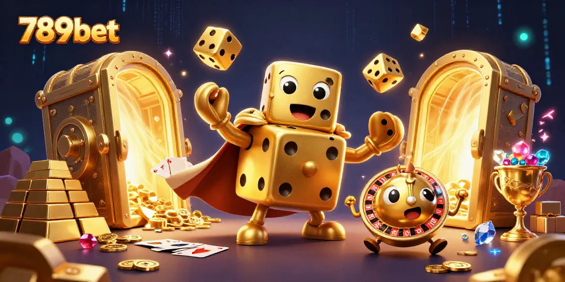 Engage with 789bet's dynamic casino experience as a golden dice golem juggles excitement amidst treasures.