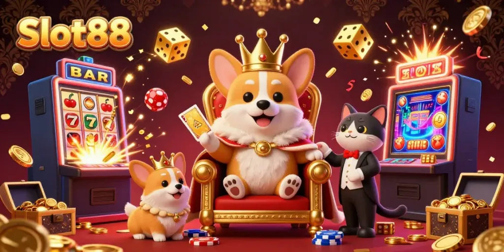 Experience Slot88 excitement with a royal corgi, lavish casino elements, and jackpot wins!