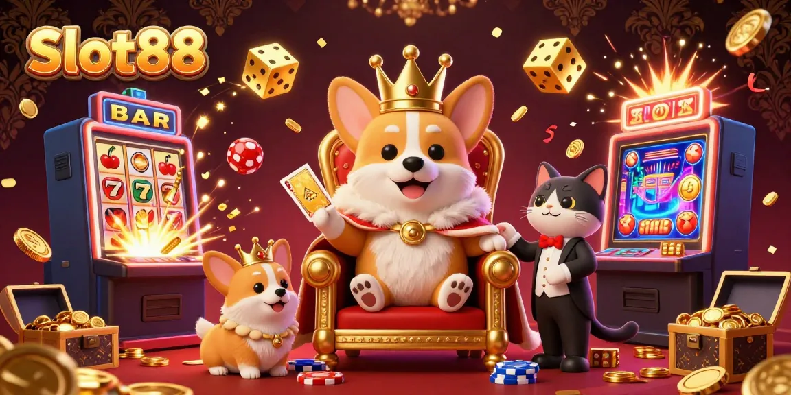 Experience Slot88 excitement with a royal corgi, lavish casino elements, and jackpot wins!