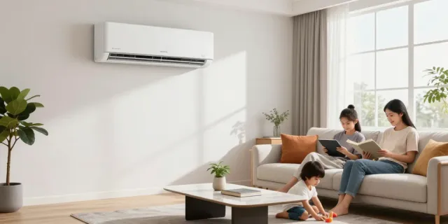 A stylish living room featuring a modern mini split AC system, a family enjoying comfort and relaxation, bright natural light enhances the inviting atmosphere.