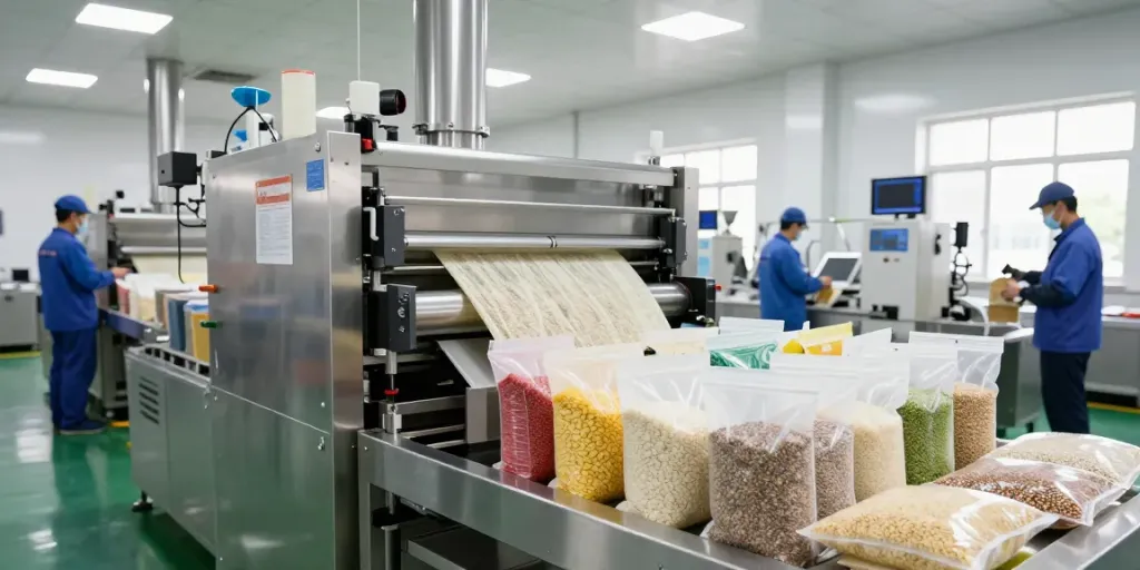 Open mouth bag filling machine efficiently filling bags with grains in an industrial setting