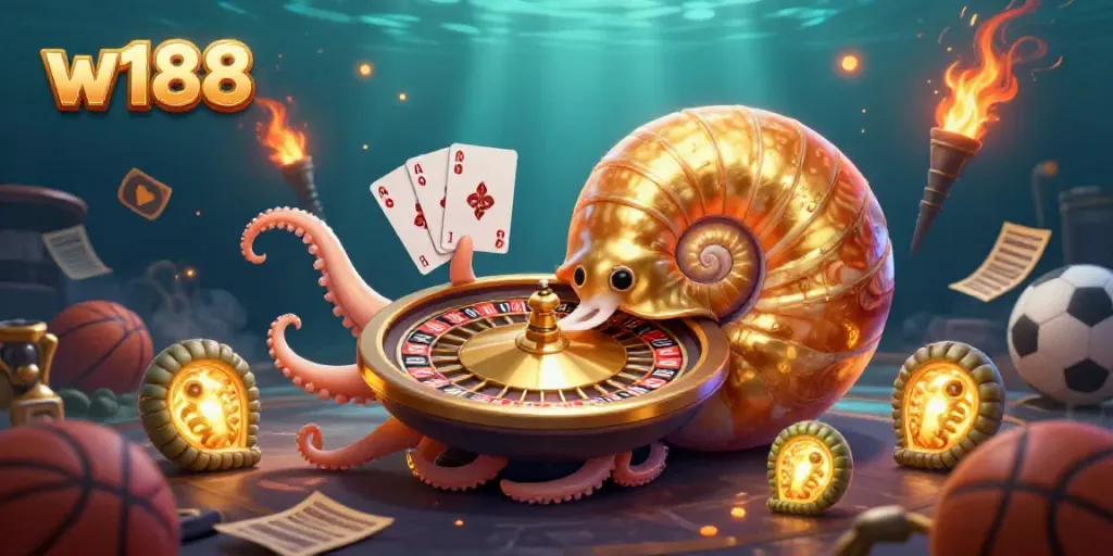 Engage with w188's thrilling casino experience featuring a giant nautilus roulette and sports bet elements.