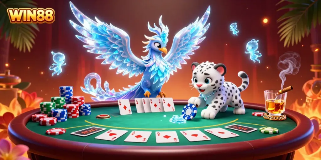 Experience the thrill of WIN88 with a vibrant, ultra-detailed scene of gambling featuring an ice phoenix and poker elements.
