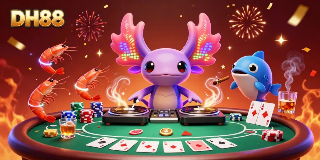 Experience the excitement at DH88 with a vibrant 3D scene featuring a DJ axolotl and casino elements.