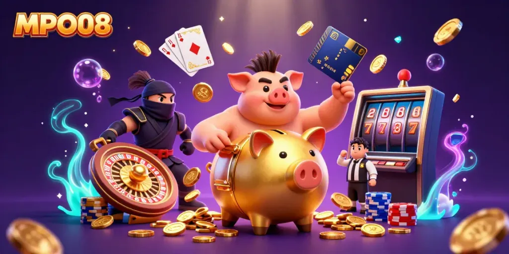 MPO08's energetic casino scene showcases a golden piggy bank sumo wrestler and dynamic gaming elements.
