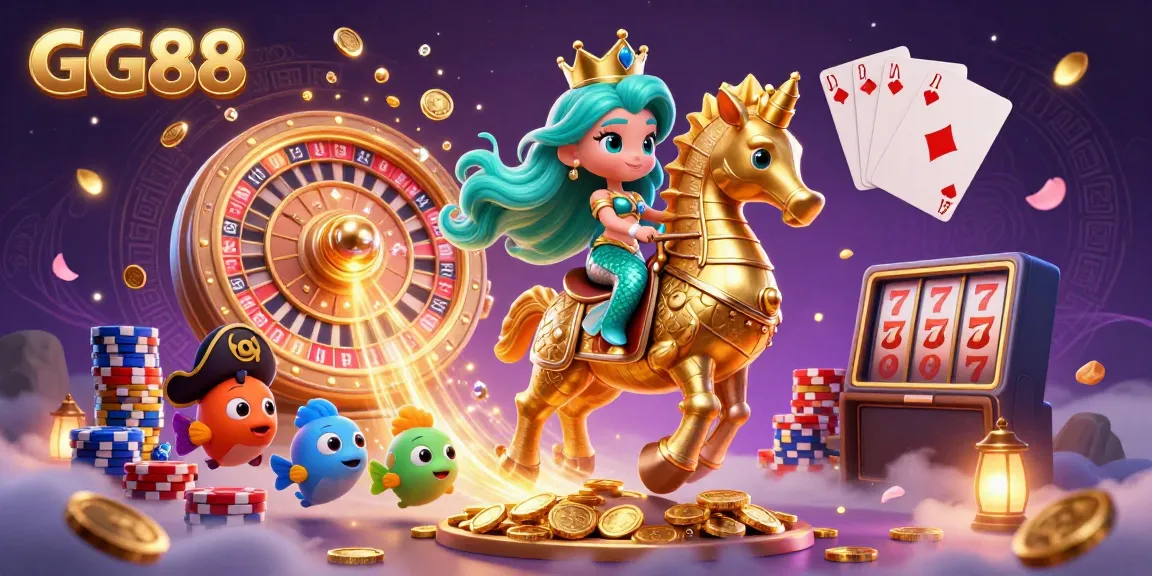 Engage with GG88's enchanting online casino experience featuring a vibrant 3D illustration of a mermaid princess on a seahorse amidst cascading coins.
