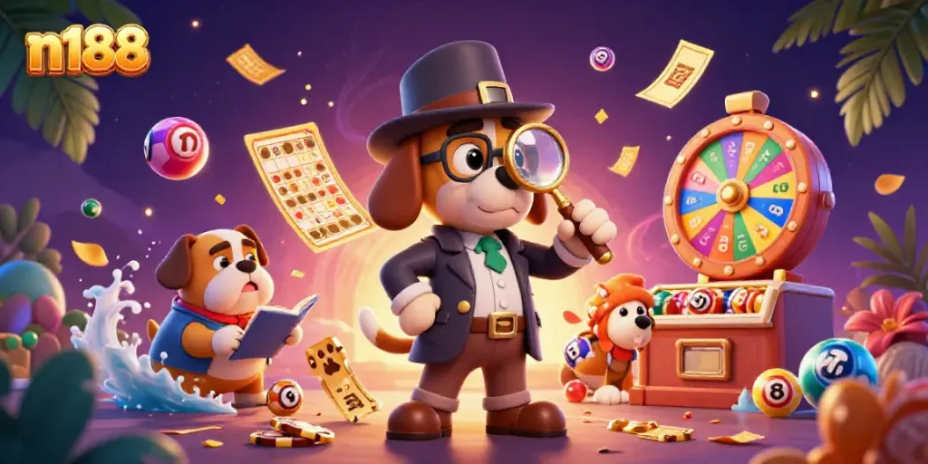 Engaging n188 scene featuring a detective and bulldog exploring a treasure of colorful gambling elements.
