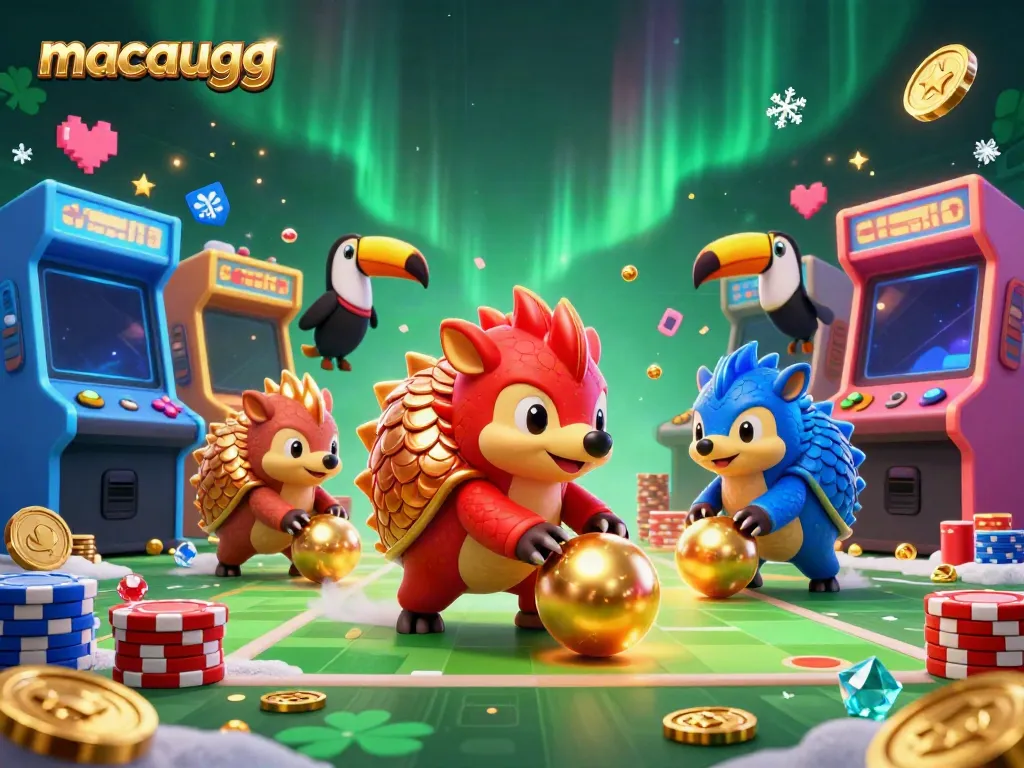 Engage in exciting gameplay with macaugg as rival pangolins navigate golden balls and poker chips in a festive casino setting.