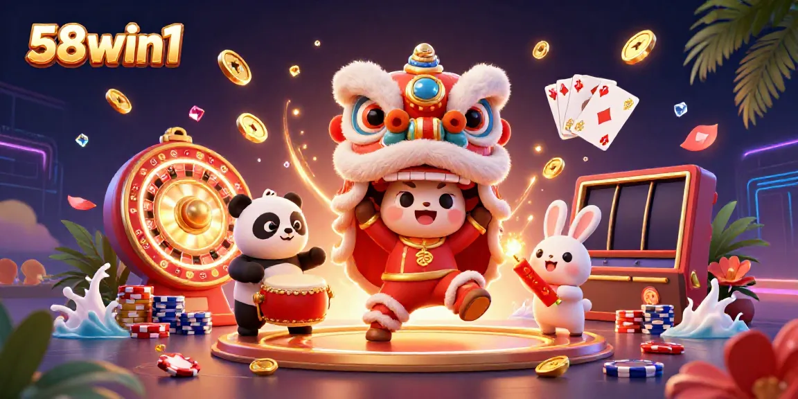 Experience the thrill of 58win1 with animated characters amidst vibrant casino elements.