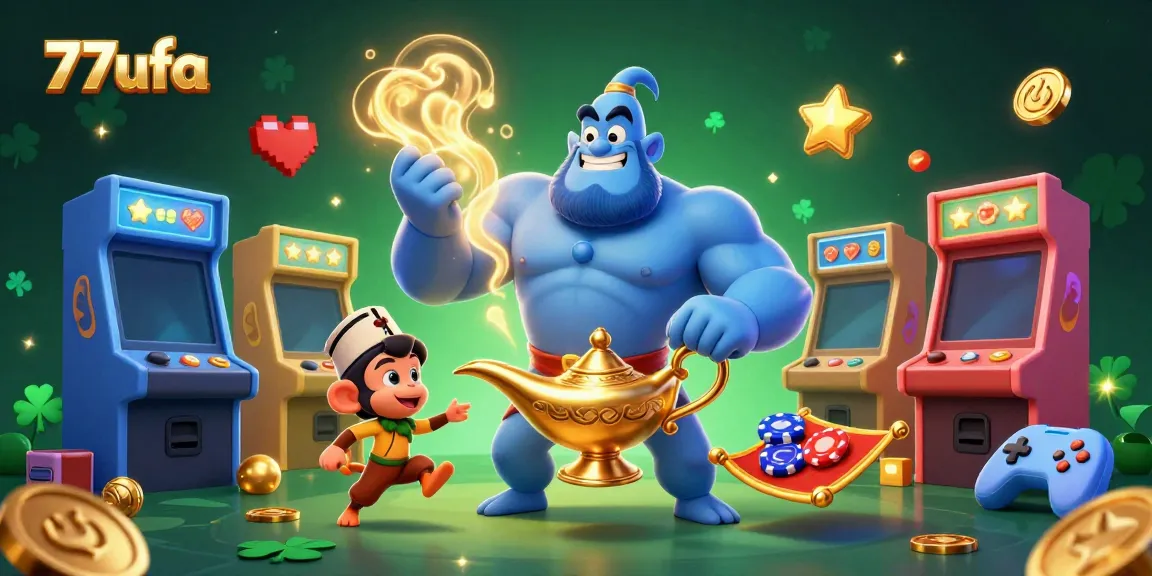 Experience thrilling gameplay action at 77ufa with a magical casino illustration featuring a vibrant scene with a genie and poker chips.
