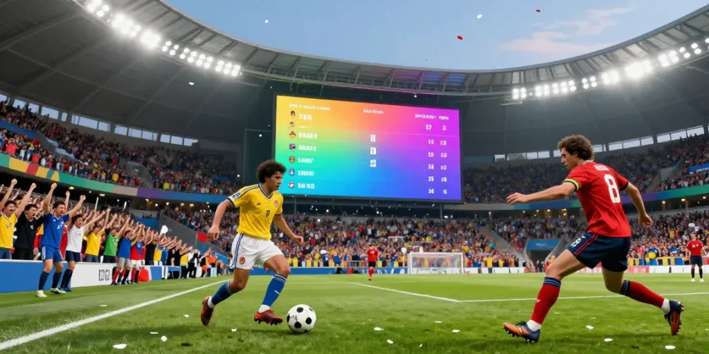 TOP10ตำนานนักเตะ in a vibrant football stadium filled with cheering fans and legends in action.